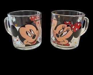 Vintage Anchor Hocking Mickey and Minnie Mouse Clear Glass Mugs