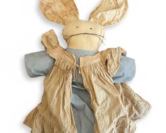 Handmade Primitive Folk Art Bunny Doll with Gingham Dress and Pinafore