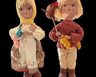 Vintage Polish Folk Art Dolls and Pressed Glass Dish