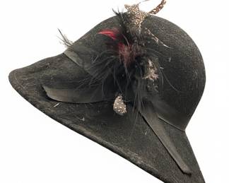 Vintage Black Felt Fedora Hat with Guinea Fowl and Magenta Feathers