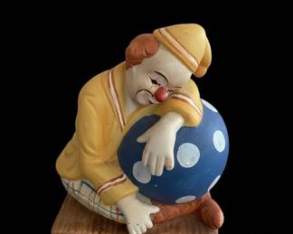 Vintage Ceramic Sad Clown Figurine Sleeping on Blue Polka Dot Ball