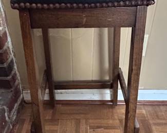 Rustic Wood Bar Stool with Nailhead Trim and Dark Upholstery B