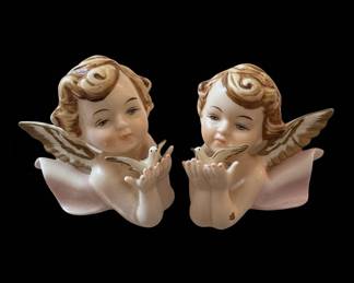 Vintage Porcelain Cherub Wall Plaques with Birds