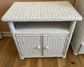 White Wicker Nightstand with Cabinet