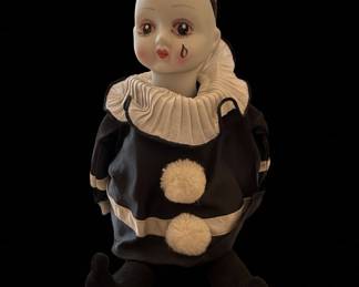 Vintage Pierrot Clown Doll with Porcelain Head, Hands, and Feet