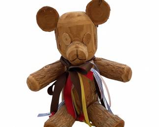 Handcrafted Log Wood Teddy Bear with Multicolored Ribbon