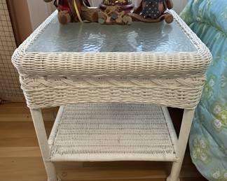 White Wicker Side Table with Glass Top