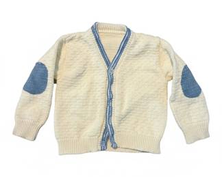 Vintage Childrens Knit Cardigan with Blue Trim and Elbow Patches