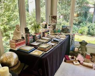 candles, statues, birdhouses, plants