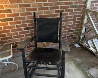 Vintage Black Painted Wicker and Wood Rocking Chair