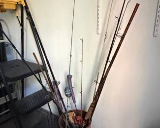 Vintage Fishing Rod Collection in South Carolina Gamecock Bucket