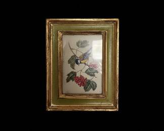 Vintage HandPainted Porcelain Plaque of a Blue Tit on Viburnum
