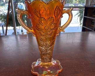Antique Dugan-Diamond “Mary Ann” pattern iridescent marigold carnival glass vase