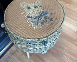 Vintage Wicker Sewing Basket With Legs Floral Needlepoint