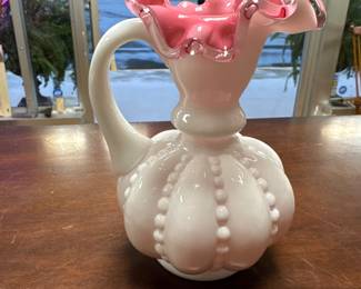 Fenton Silver Crest PINK Cased Overlay Glass Melon Pitcher/vase 6.5"