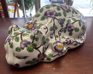 Vintage Formalities by Baum Brothers Chintz Sleeping Cat Shelf Sitter, Purple Violet Pansy Flowers, Floral Laying Down Kitty Statue
