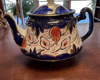 Vintage Price Kensington Teapot: Blue Floral Mosaic, Gold Trim England Porcelain