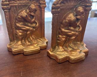 Antique Rodin's The Thinker Alcove Bookends Cast Metal Solid Bronze Paint Gold