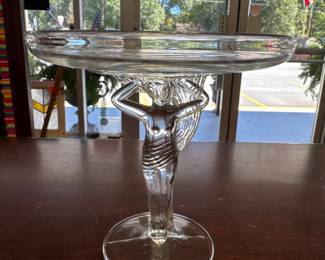 Vintage Art Nouveau Glass Compote Glamour Goddess Nude Stem Flared Compote