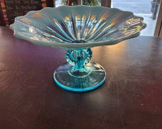 Northwood Antique Beaded Panel Aqua Blue Glass Opalescent Compote