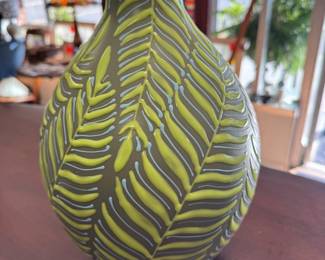 CRATE AND BARREL Leaf Vase Matte Green Ceramic w/ Glazed Lime & Blue Leaves