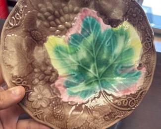 Antique 1800’s Majolica Plate 8” England Grape Leaf Berry Decorative Green Brown