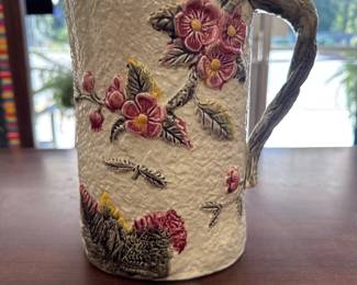 19th Century Antique Majolica Pitcher with Botanical Pattern, England
