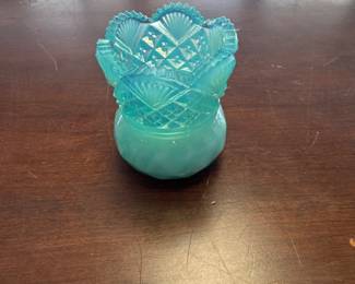 Vintage Westmoreland Diamond & Fan Pattern Aqua Blue Glass Toothpick Holder