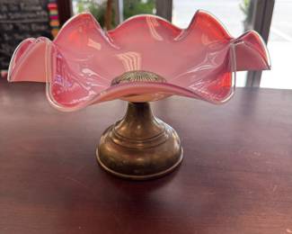 Victorian Satin Silk Ruffled Crest Glass Bride Basket Bowl Silver Foot Pedestal