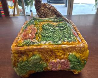 Majolica Lidded Trinket Box with Bird and Flowers