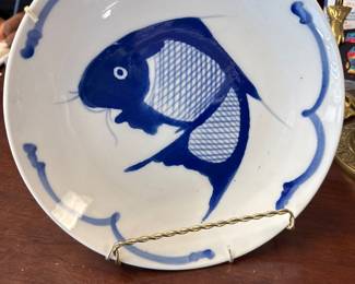 Vintage Handpainted Cobalt Blue Koi Fish Porcelain Plate 10.25"