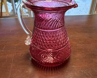BEAUTIFUL VTG Pilgrim Glass Cranberry Art Glass Diamond Pattern Pitcher 4.5"H