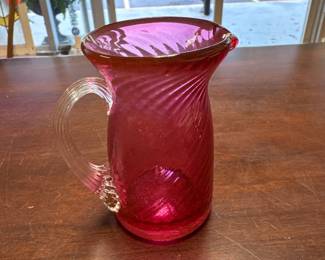 Vintage Fenton Cranberry Swirl Glass Ribbed Clear Applied Handle 3.5” Creamer