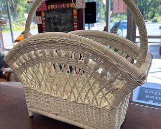 Vintage White Wicker Handled Half Round Magazine Rack