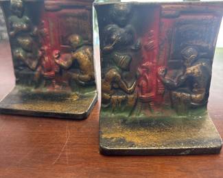 1920's Vintage Cast Iron Bronze Finish Bookends Weavers & Looms Greek 4.5T x 2W