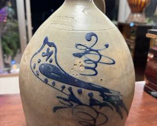 This item is an authentic 19th-century salt-glazed stoneware jug produced by the historic maker Samuel Hart in Fulton, New York