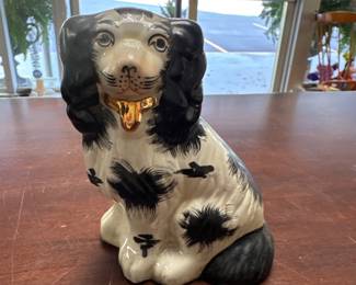 Small Vintage Staffordshire Dog Figurine | Black & White Spaniel Mantel Decor | English Cottage Ceramic Dog with Gold Collar