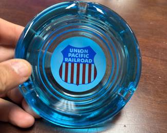 Vintage Union Pacific Railroad Blue Glass Ashtray UPRR Herald Logo Advertising