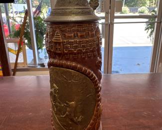 KING German Lidded Stein Relief Deer Scene Breweriana