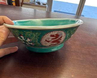Chinese Turquoise & Copper Red Dragon Floral Scroll Fruit Bowl 7-3/4" Decorative