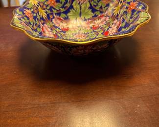 Vintage Chinese Cloisonne Floral Brass Scalloped Rim Bowl Green Pink Yellow Flowers Colorful Asian