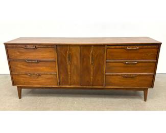 Lot 355 MidCentury Modern Walnut 9 Drawer Dresser with Burl Wood Accents and Sculpted Pulls
