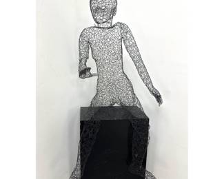Lot 101 Artisan Life Size Seated Male Figure Crazy Wire Sculpture Pedestal not included. 