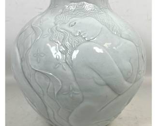 Lot 56 Artist Initialed Studio Pottery Moon Vase. Pale celadon ceramic vase 