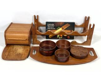 Lot 296 Mid Century Tableware Lot. Danish Modern Teak Accessories, Wine Rack, Dansk Tray, Salad Servers, Ros