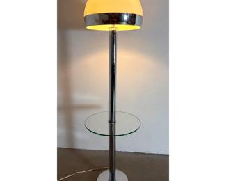 Lot 568 Chrome Floor Lamp with Integrated Glass Tray Table and Domed White Acrylic Mushroom Shade. Unsigned.