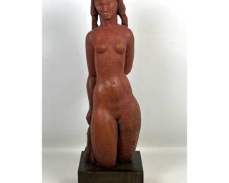 Lot 11 Mid Century Modern Stylized Female Nude Terracotta Sculpture on Wood Base