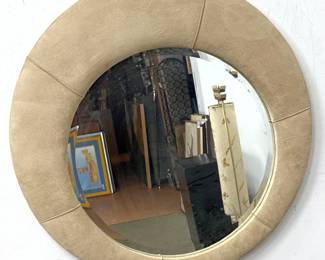 Lot 239 Round Wall Mirror Ivory Suede Wrapped Frame Hollywood Regency. 