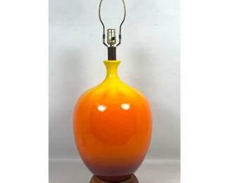 Lot 299 Mid Century Modern Large Ceramic Table Lamp with Yellow and Orange Ombre Glaze on Turned Wood Base