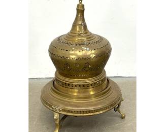 Lot 375 Large Ornate Moroccan Style Brass and Copper Brazier Room Heater with Lion Head Feet and Bird Finial